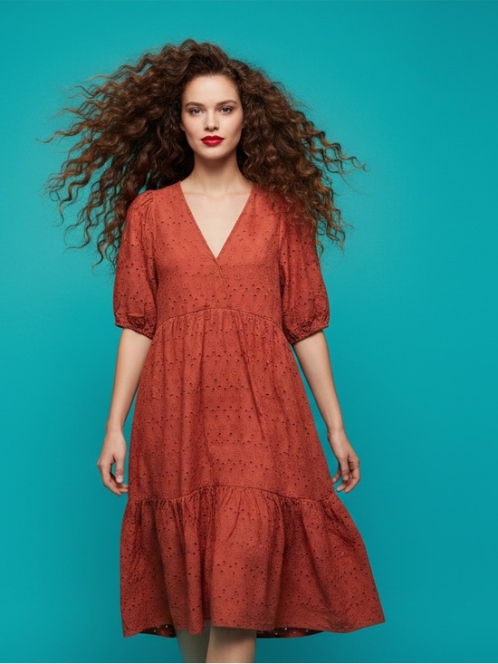 Mexx Dresses & Skirts - Mexx Cotton Pockets Lined Eyelet Brick Red Dress Size L